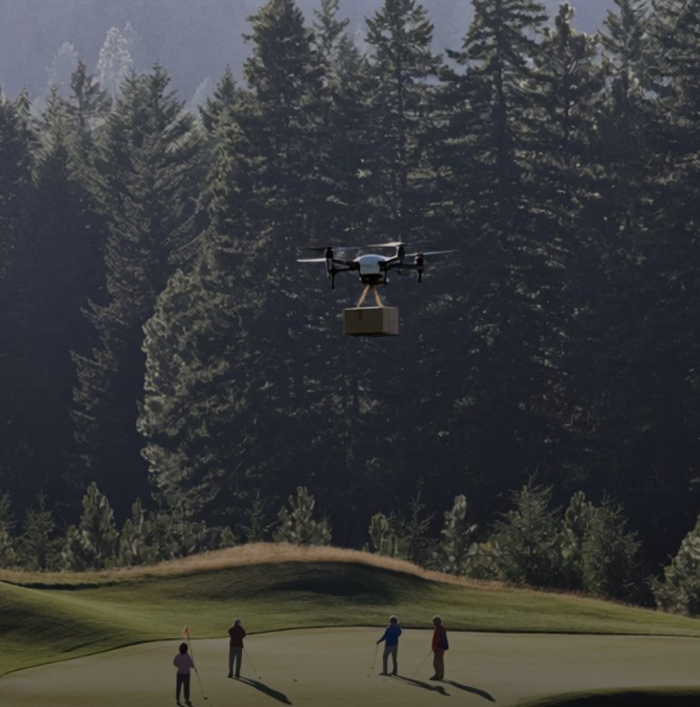 Drone delivering over a golf green