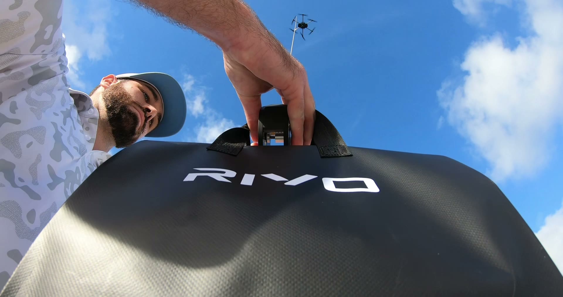 A Rivo bag lifted to the drone