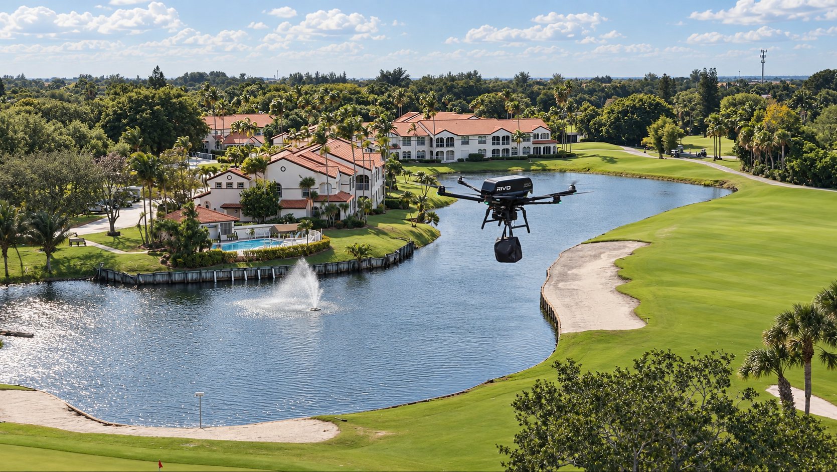 Rivo drone carrying a delivery over the course